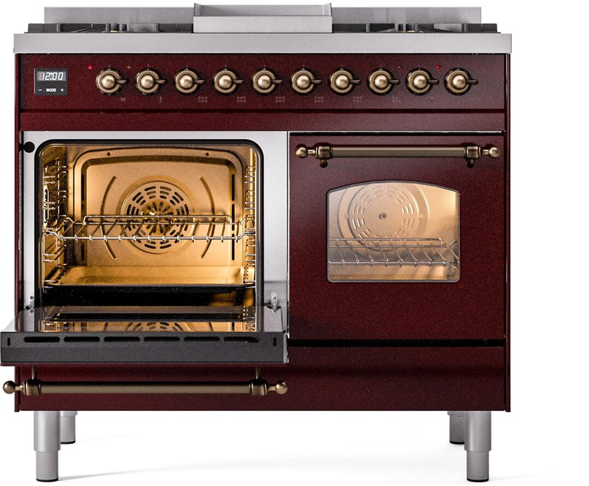 ILVE Nostalgie II 40" Dual Fuel Propane Gas Range in Burgundy with Bronze Trim, UPD40FNMPBUBLP