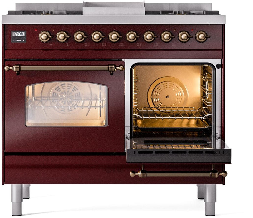 ILVE Nostalgie II 40" Dual Fuel Propane Gas Range in Burgundy with Bronze Trim, UPD40FNMPBUBLP