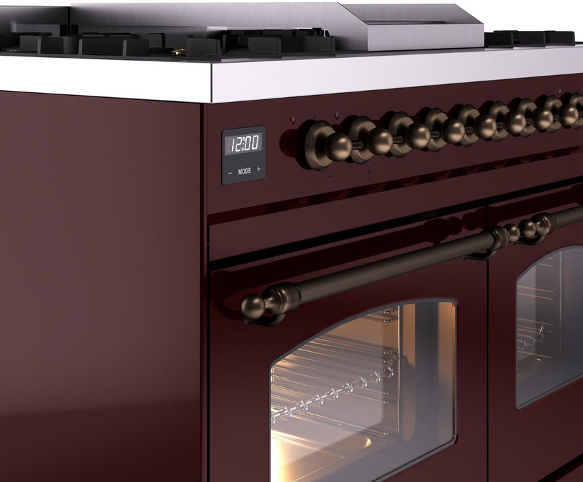 ILVE Nostalgie II 40" Dual Fuel Propane Gas Range in Burgundy with Bronze Trim, UPD40FNMPBUBLP