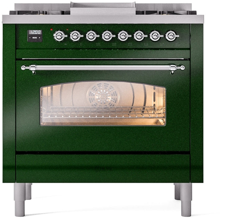 ILVE Nostalgie II 36" Dual Fuel Propane Gas Range in Emerald Green with Chrome Trim, UP36FNMPEGCLP