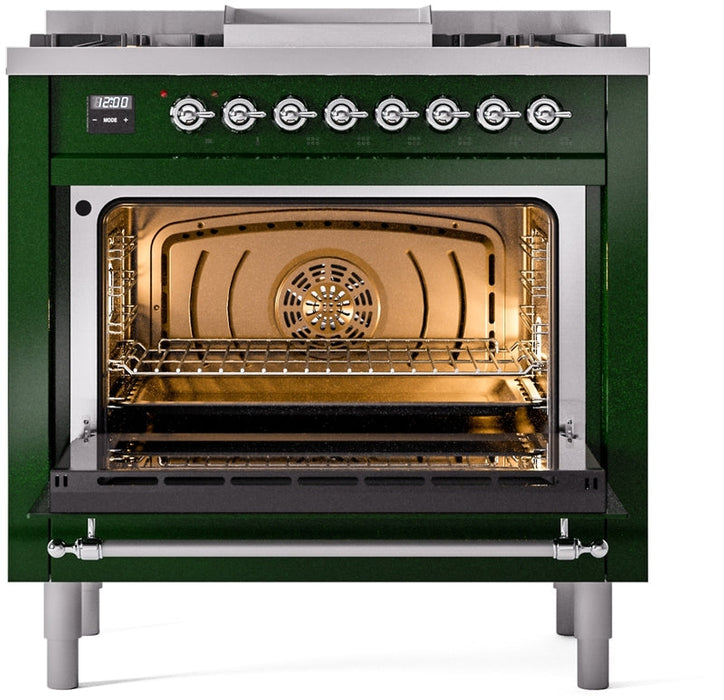 ILVE Nostalgie II 36" Dual Fuel Propane Gas Range in Emerald Green with Chrome Trim, UP36FNMPEGCLP