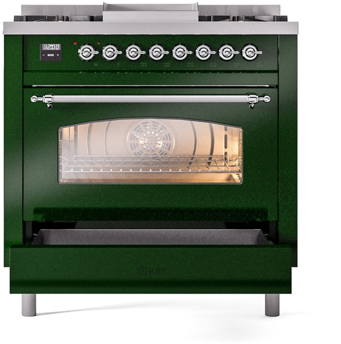 ILVE Nostalgie II 36" Dual Fuel Propane Gas Range in Emerald Green with Chrome Trim, UP36FNMPEGCLP