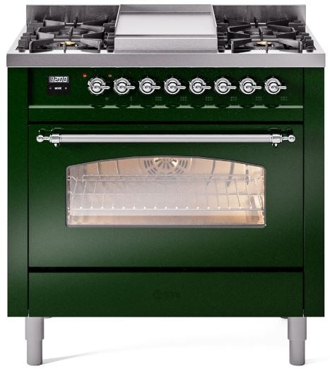 ILVE Nostalgie II 36" Dual Fuel Propane Gas Range in Emerald Green with Chrome Trim, UP36FNMPEGCLP