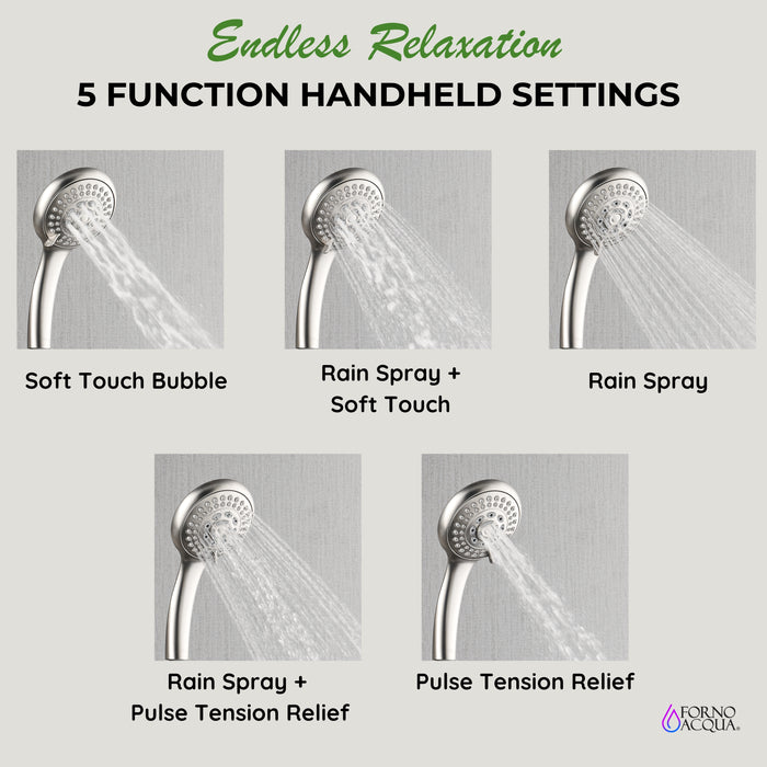 Forno Acqua AcquaFALL Shower, Brushed Nickel Finish, Overhead Rainfall Shower, 7 Way Diverter, Handheld Shower Head, Body Jets, 1.8 GPM Flow Rate