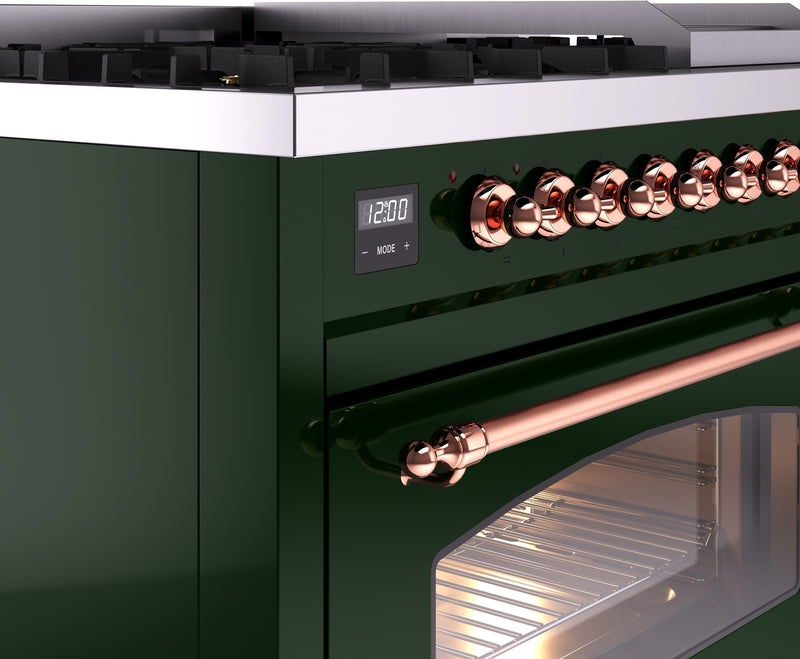 ILVE Nostalgie II 48" Dual Fuel Propane Gas Range in Emerald Green with Copper Trim, UP48FNMPEGPLP