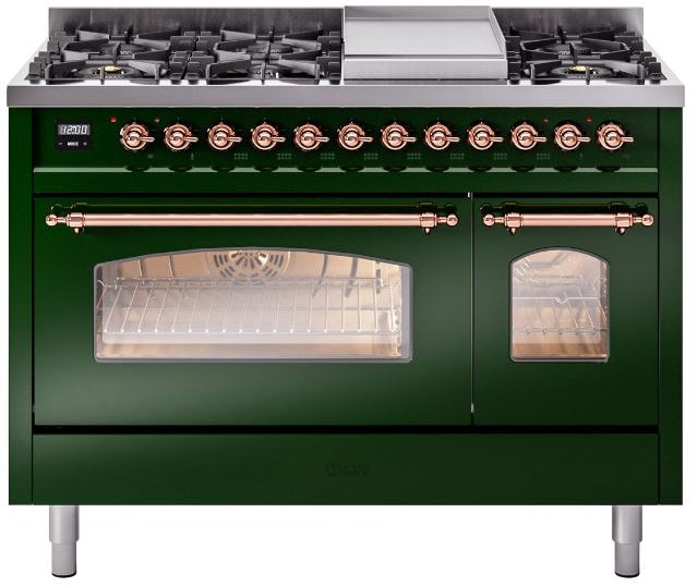 ILVE Nostalgie II 48" Dual Fuel Propane Gas Range in Emerald Green with Copper Trim, UP48FNMPEGPLP