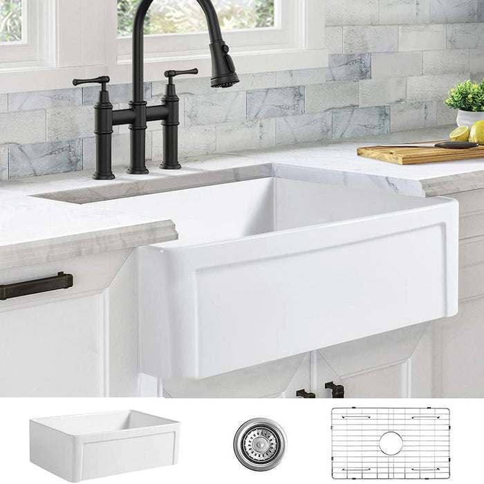 ALWEN 30 Inch Single Bowl Reversible Fireclay Farmhouse Sink, Undermount, White