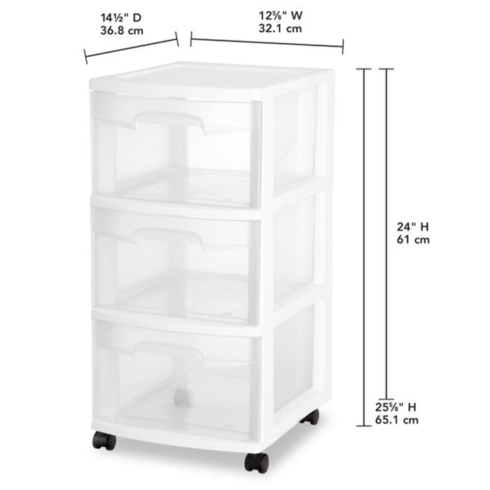 Sterilite 3 Drawer Storage Cart, Plastic Rolling Organizer with Wheels, 2 Pack