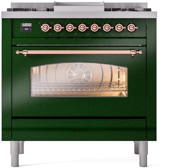 ILVE Nostalgie II 36" Dual Fuel Propane Gas Range in Emerald Green with Copper Trim, UP36FNMPEGPLP