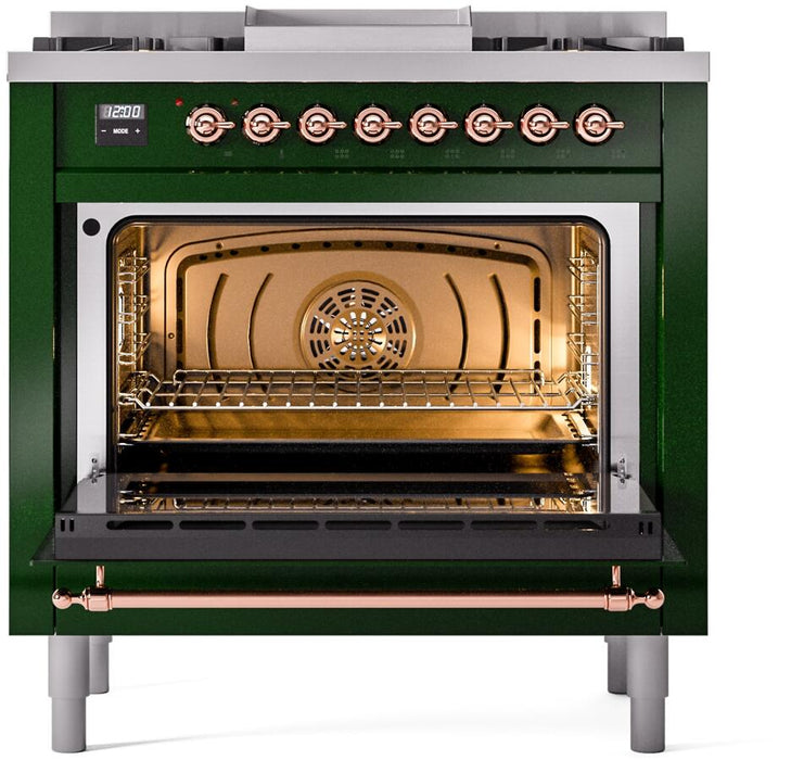 ILVE Nostalgie II 36" Dual Fuel Propane Gas Range in Emerald Green with Copper Trim, UP36FNMPEGPLP