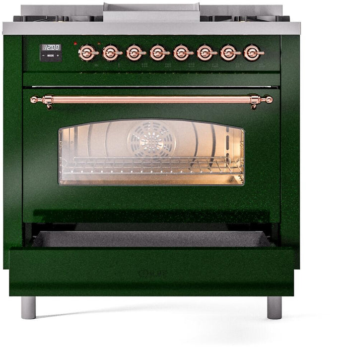 ILVE Nostalgie II 36" Dual Fuel Propane Gas Range in Emerald Green with Copper Trim, UP36FNMPEGPLP