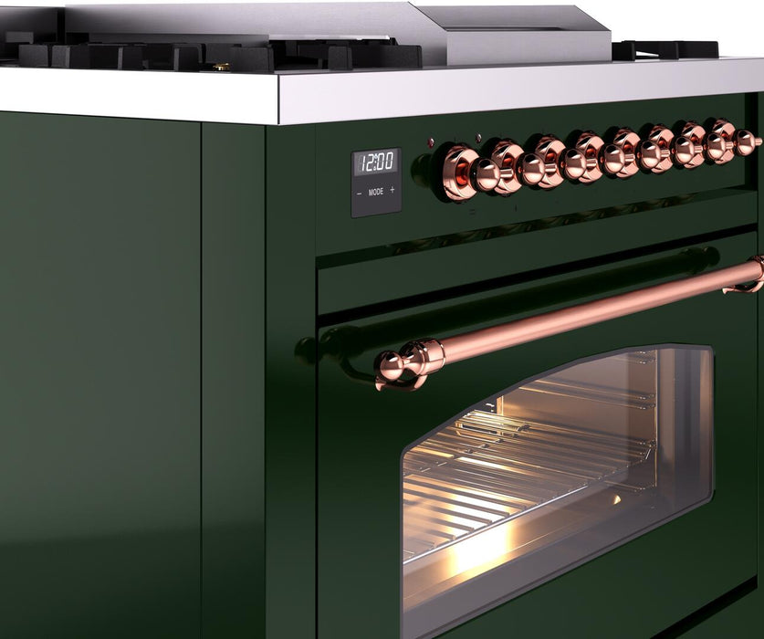 ILVE Nostalgie II 36" Dual Fuel Propane Gas Range in Emerald Green with Copper Trim, UP36FNMPEGPLP