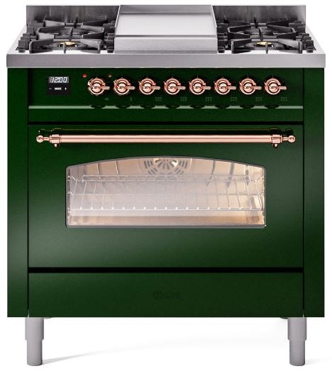 ILVE Nostalgie II 36" Dual Fuel Propane Gas Range in Emerald Green with Copper Trim, UP36FNMPEGPLP