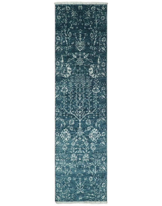 2.6x10 Fine Hand Knotted White and Blue Traditional Persian Style Antique Wool Rug
