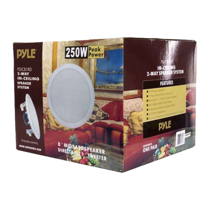 Pyle PDIC81RD 250W 8" Round Flush Mount In-Wall/Ceiling Home Speakers, 2 Pack