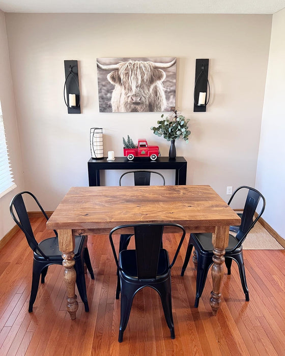 48" L x 36" W Rustic Farm Dining Table with 4 Black Industrial Chairs