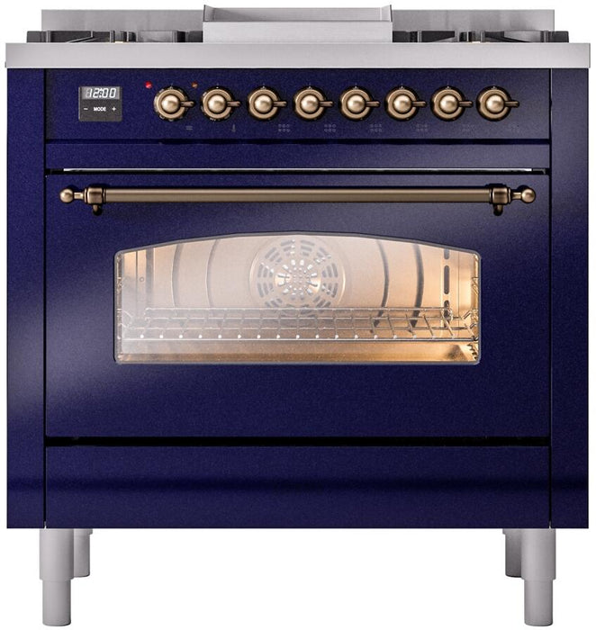 ILVE Nostalgie II 36" Dual Fuel Propane Gas Range in Blue with Bronze Trim, UP36FNMPMBBLP