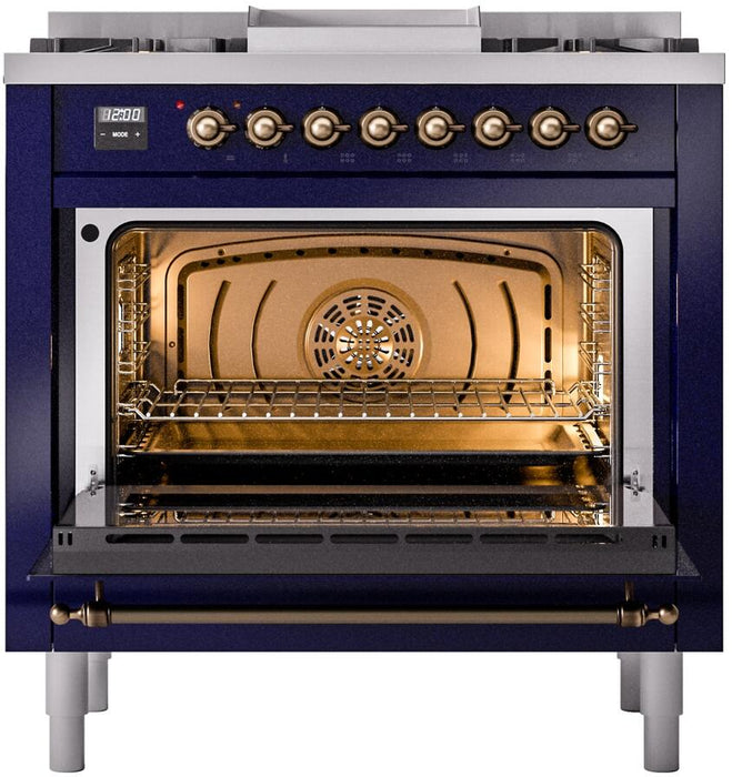 ILVE Nostalgie II 36" Dual Fuel Propane Gas Range in Blue with Bronze Trim, UP36FNMPMBBLP