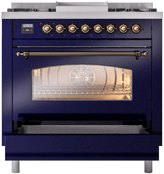 ILVE Nostalgie II 36" Dual Fuel Propane Gas Range in Blue with Bronze Trim, UP36FNMPMBBLP