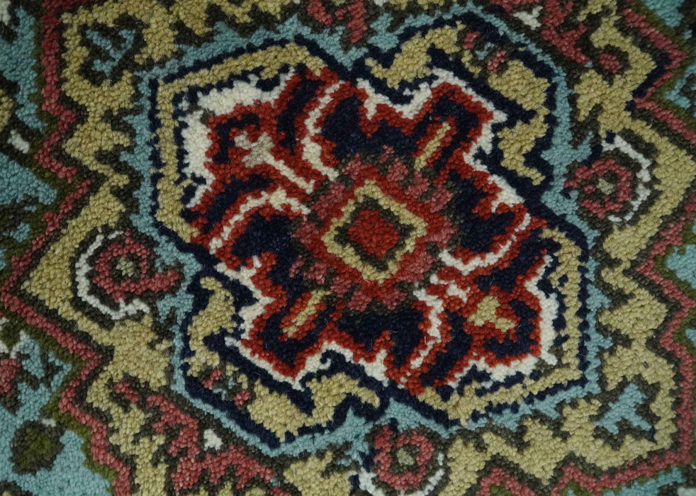 2.7x7.9 Traditional Mustard, Aqua and Ivory Hand knotted wool Area Rug