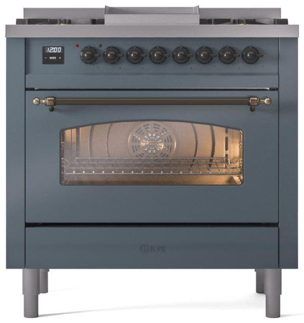 ILVE Nostalgie II 36" Dual Fuel Natural Gas Range in Blue Grey with Bronze Trim, UP36FNMPBGB