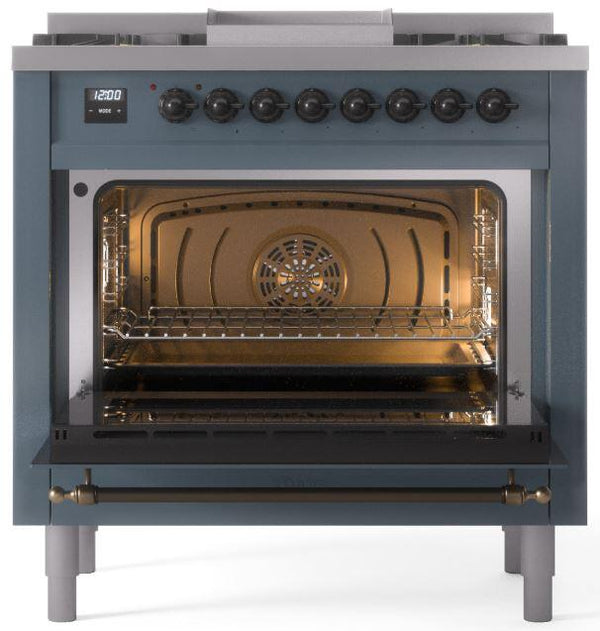 ILVE Nostalgie II 36" Dual Fuel Propane Gas Range in Blue Grey with Bronze Trim, UP36FNMPBGBLP