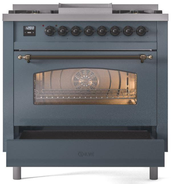 ILVE Nostalgie II 36" Dual Fuel Natural Gas Range in Blue Grey with Bronze Trim, UP36FNMPBGB