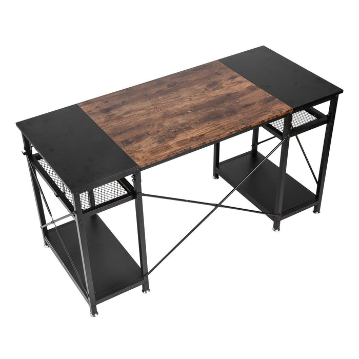 47.2" Home Office Computer Desk with Storage Shelves and 4 Hooks, Rustic and Black