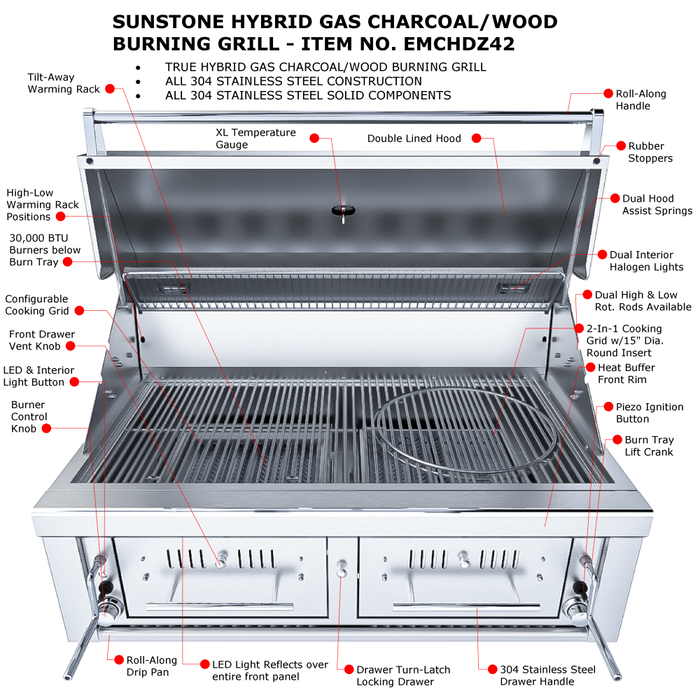 Sunstone Series 42 Inch Hybrid Dual Zone Grill EMCHDZ42