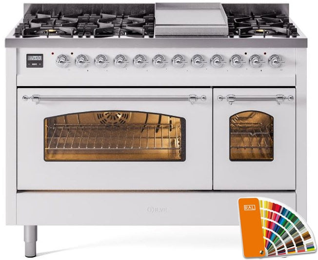 ILVE Nostalgie II 48" Dual Fuel Propane Gas Range in RAL Custom Color with Chrome Trim, UP48FNMPRACLP