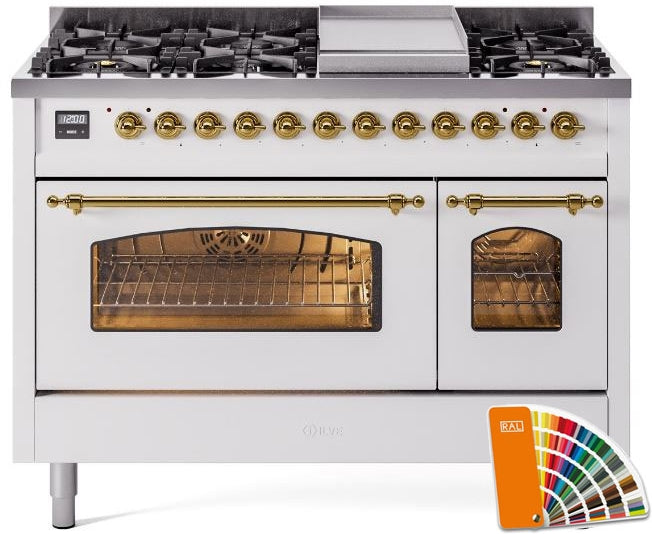 ILVE Nostalgie II 48" Dual Fuel Propane Gas Range in RAL Custom Color with Brass Trim, UP48FNMPRAGLP