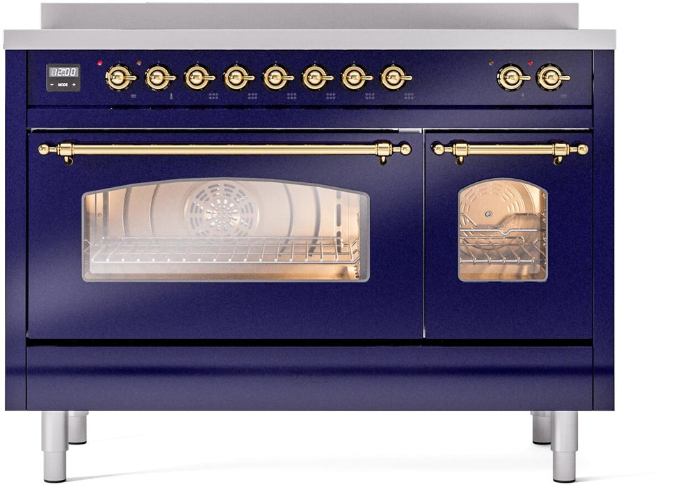 ILVE Nostalgie II 48" Induction Range with Element Stove and Electric Oven in Blue with Brass Trim, UPI486NMPMBG