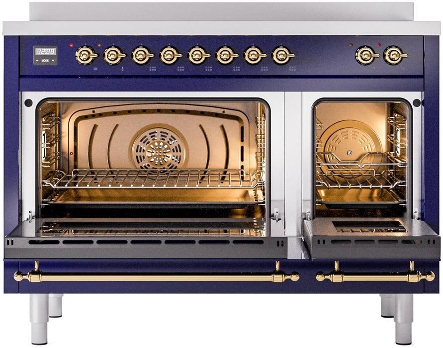 ILVE Nostalgie II 48" Induction Range with Element Stove and Electric Oven in Blue with Brass Trim, UPI486NMPMBG