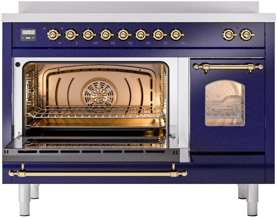 ILVE Nostalgie II 48" Induction Range with Element Stove and Electric Oven in Blue with Brass Trim, UPI486NMPMBG