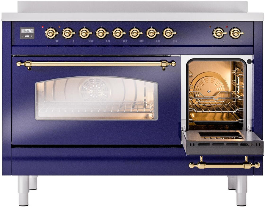 ILVE Nostalgie II 48" Induction Range with Element Stove and Electric Oven in Blue with Brass Trim, UPI486NMPMBG