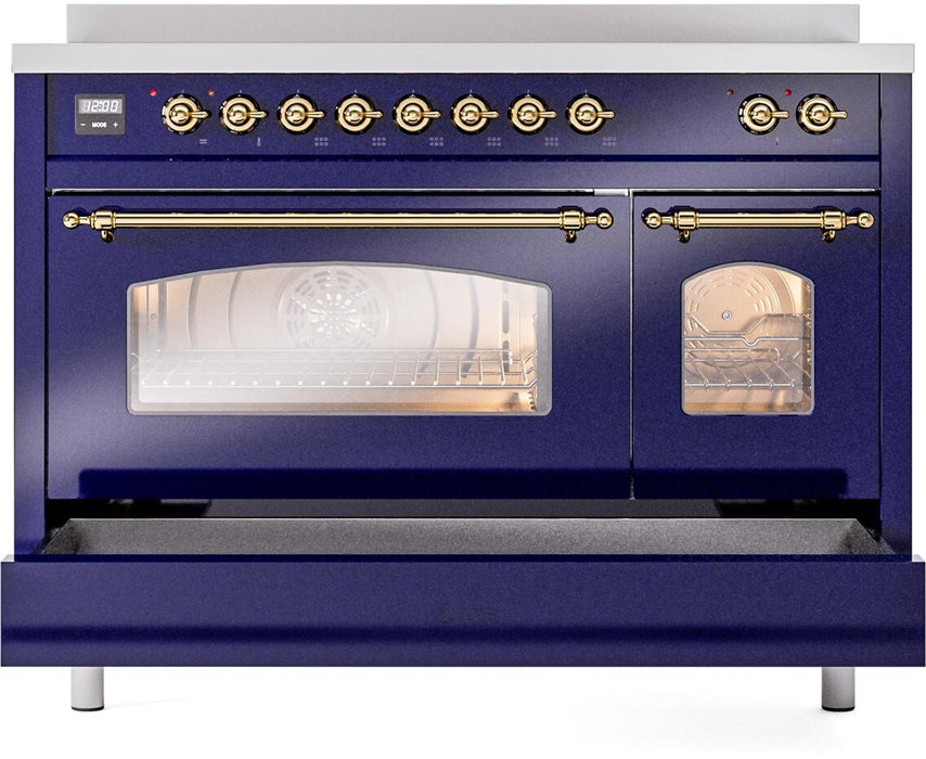 ILVE Nostalgie II 48" Induction Range with Element Stove and Electric Oven in Blue with Brass Trim, UPI486NMPMBG