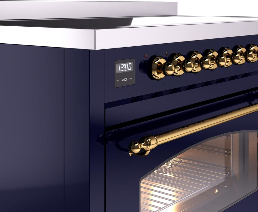 ILVE Nostalgie II 48" Induction Range with Element Stove and Electric Oven in Blue with Brass Trim, UPI486NMPMBG