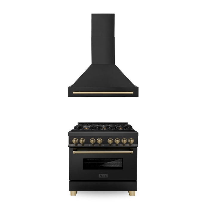 ZLINE Autograph Edition 36 in. Kitchen Package with Black Stainless Steel Dual Fuel Range and Range Hood with Champagne Bronze Accents (2AKP-RABRH36-CB)