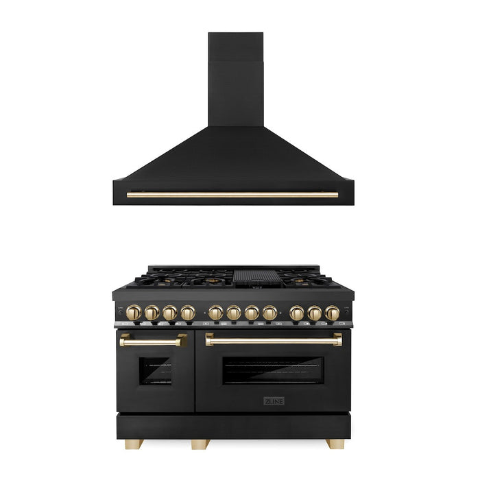 ZLINE Autograph Edition 48 in. Kitchen Package with Black Stainless Steel Dual Fuel Range and Range Hood with Polished Gold Accents (2AKP-RABRH48-G)