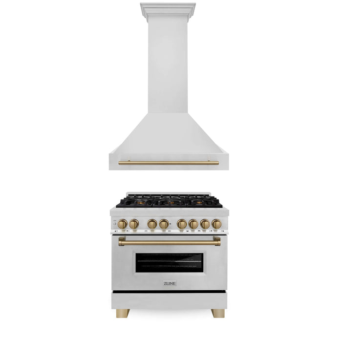 ZLINE Autograph Edition 36 in. Kitchen Package with Stainless Steel Dual Fuel Range and Range Hood with Champagne Bronze Accents (2AKP-RARH36-CB)