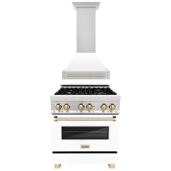 ZLINE Autograph Package - 30 In. Dual Fuel Range and Range Hood in Stainless Steel with White Matte Door and Gold Accents, 2AKP-RAWMRH30-G