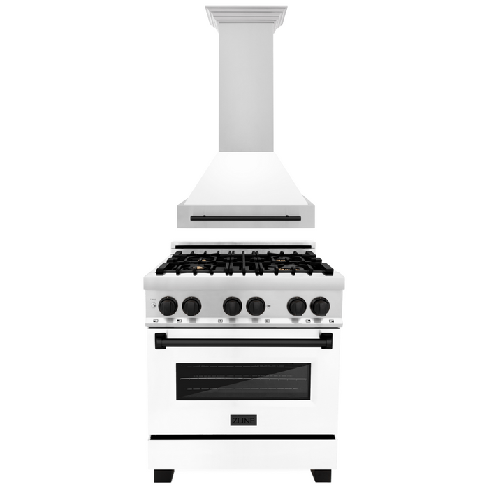 ZLINE Autograph Package - 30 In. Dual Fuel Range and Range Hood in Stainless Steel with White Matte Door and Matte Black Accents, 2AKP-RAWMRH30-MB