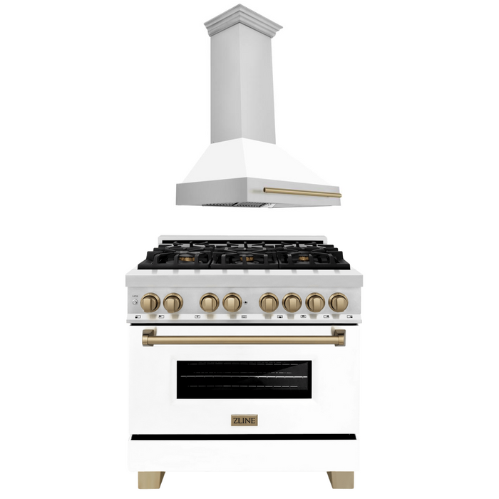 ZLINE Autograph Package - 36 In. Dual Fuel Range and Range Hood with White Matte Door and Bronze Accents, 2AKP-RAWMRH36-CB