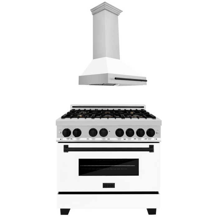 ZLINE Autograph Package - 36 In. Dual Fuel Range and Range Hood with White Matte Door and Matte Black Accents, 2AKP-RAWMRH36-MB