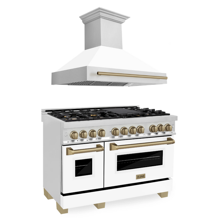 ZLINE Autograph Package - 48 In. Dual Fuel Range and Range Hood with White Matte Door and Champagne Bronze Accents, 2AKP-RAWMRH48-CB