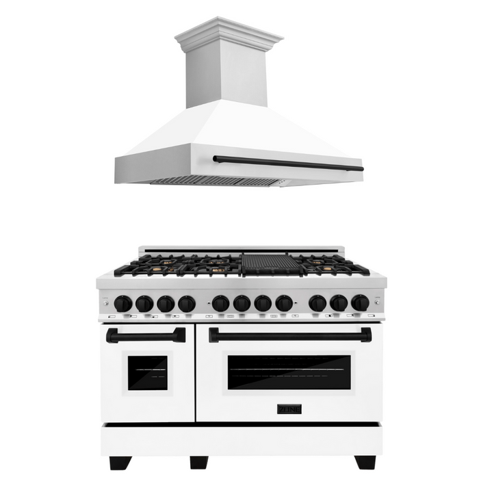 ZLINE Autograph Package - 48 In. Dual Fuel Range and Range Hood with White Matte Door and Matte Black Accents, 2AKP-RAWMRH48-MB