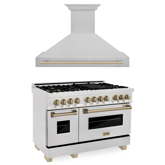 ZLINE Autograph Package - 48 In. Dual Fuel Range and Range Hood in DuraSnow® Stainless Steel with Champagne Bronze Accents, 2AKPR-RASRH48-CB