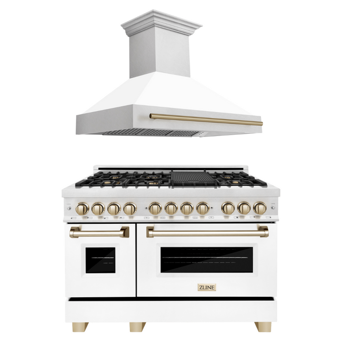 ZLINE Autograph Package - 48" Dual Fuel Range, Range Hood in DuraSnow® Stainless Steel, White Matte Finish, Gold Accents