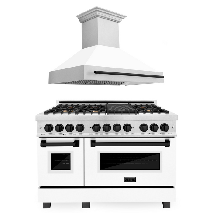 ZLINE Autograph Package - 48" Dual Fuel Range, Range Hood in DuraSnow® Stainless with White Matte Door, Matte Black Accents