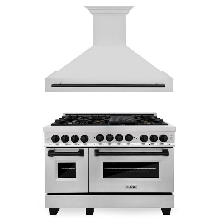 ZLINE Autograph Package - 48 In. Gas Range and Range Hood in Stainless Steel with Matte Black Accents, 2AKPR-RGRH48-MB